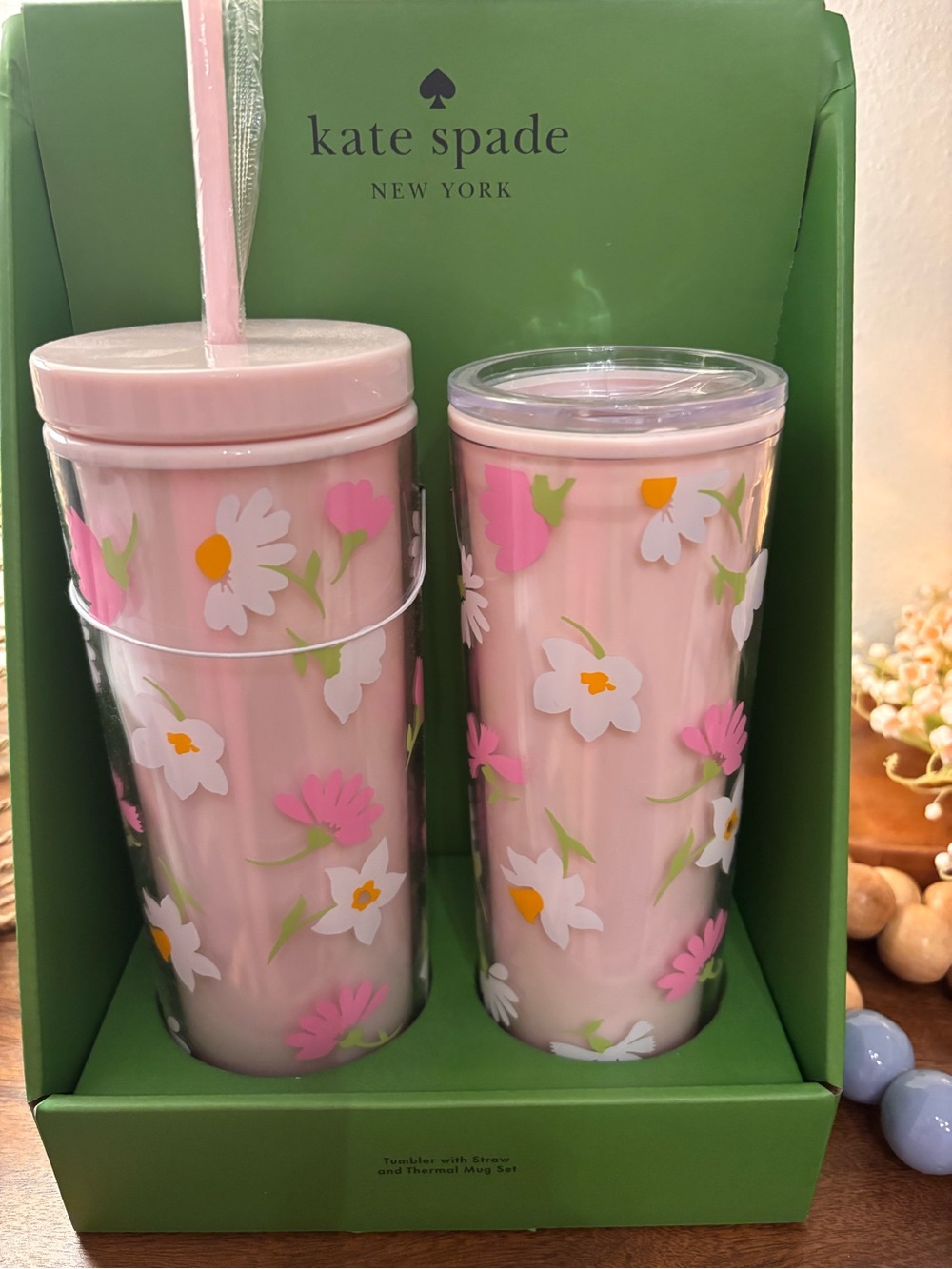 Kate Spade New York Floral Tumbler & Thermal Mug Gift Set Pink Daisy NIB💗